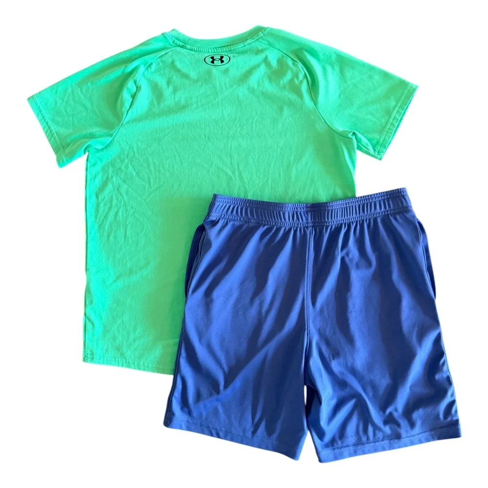 Under Armour Boys Green Blue Athletic Shirt Shorts Outfit Set - Youth Large